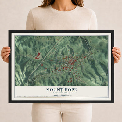 Map of Mount Hope, West Virginia, 12 x 18 inch print in a black wood frame