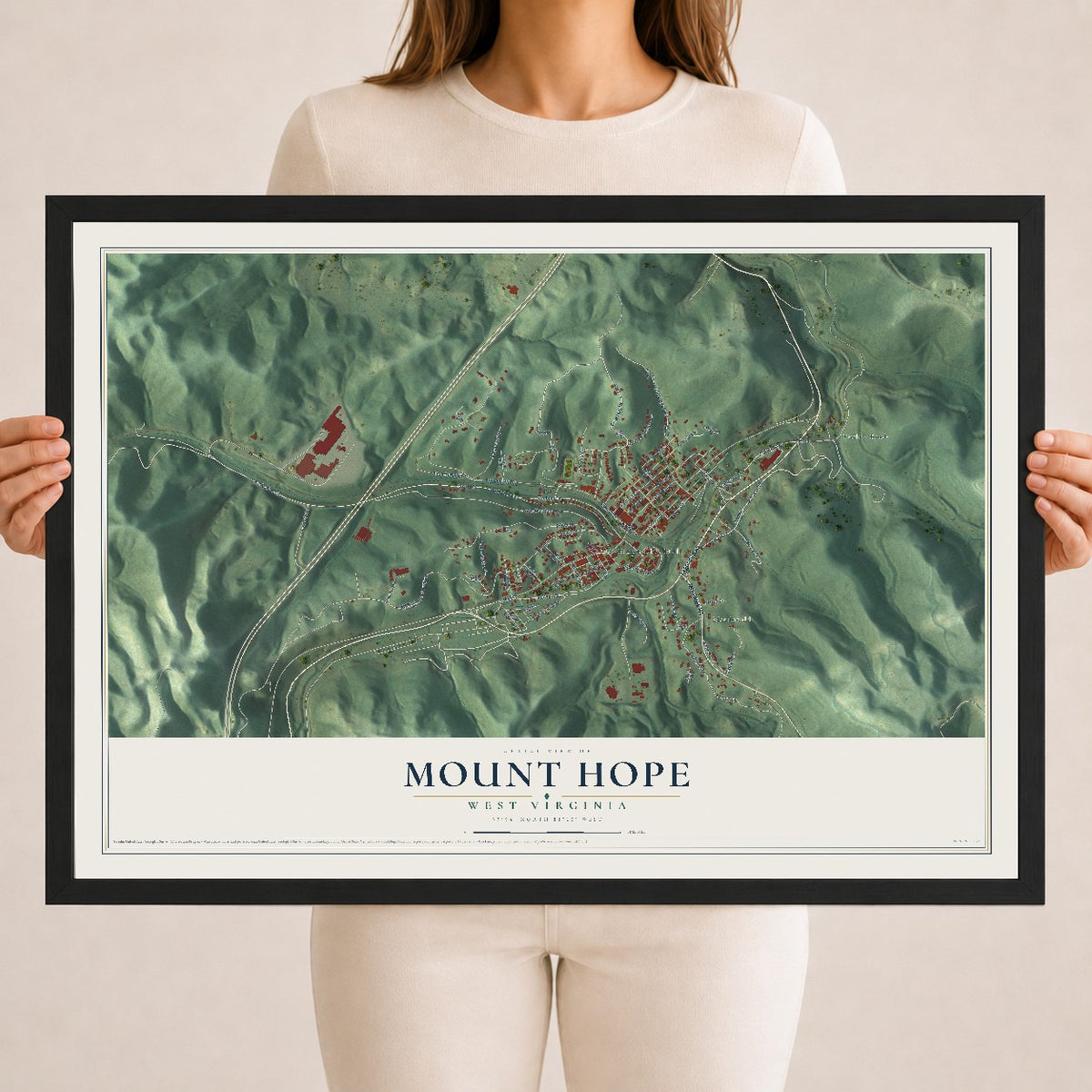 Map of Mount Hope, West Virginia, 18 x 24 inch print in a black wood frame