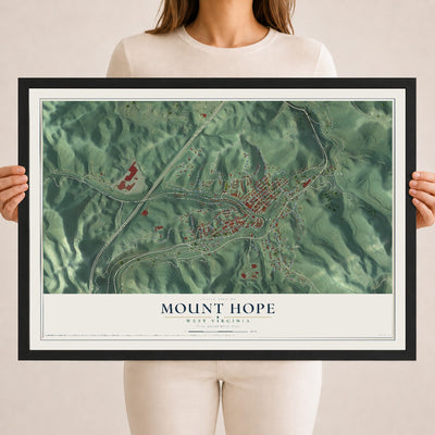 Map of Mount Hope, West Virginia, 18 x 24 inch print in a black wood frame