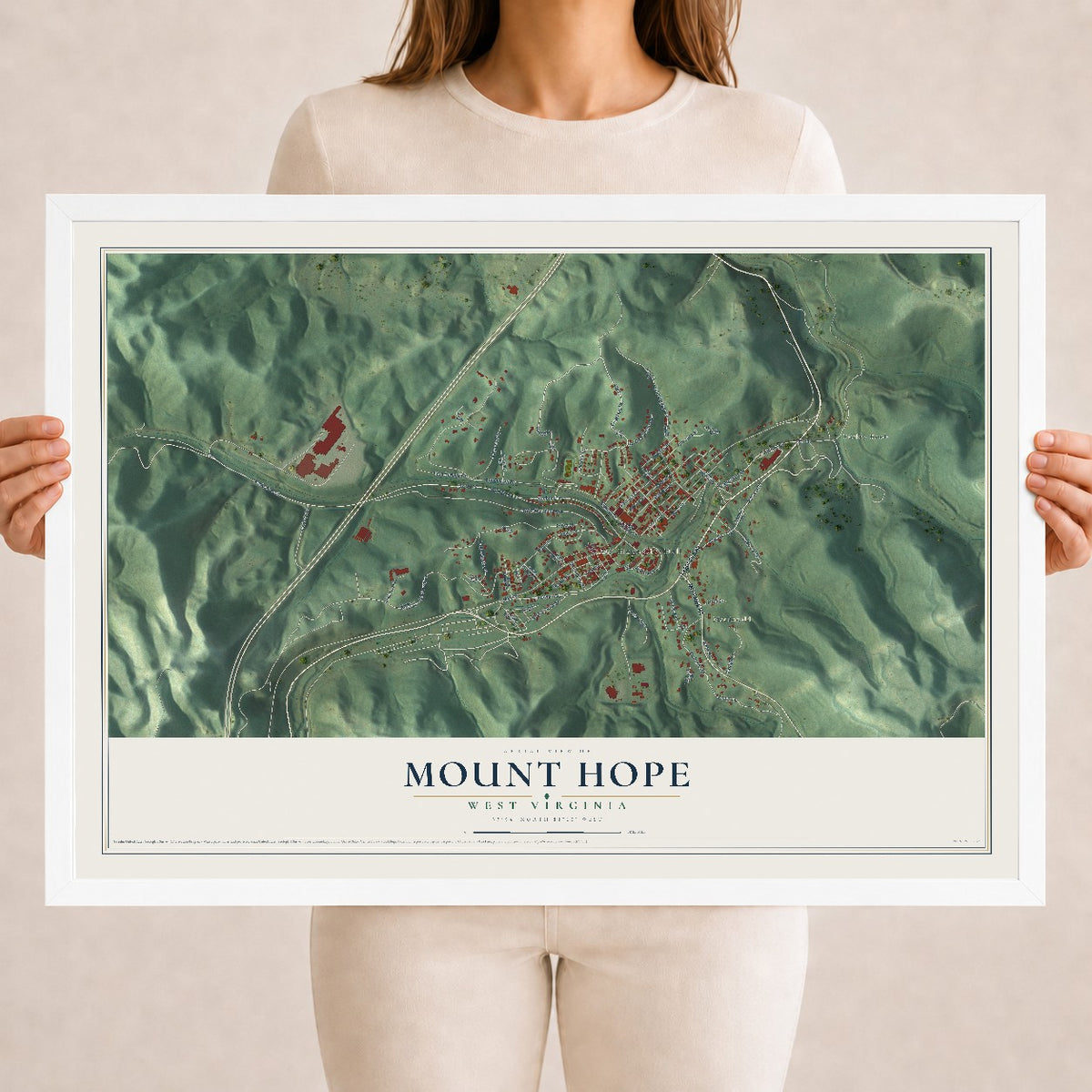 Map of Mount Hope, West Virginia, 18 x 24 inch print in a white wood frame