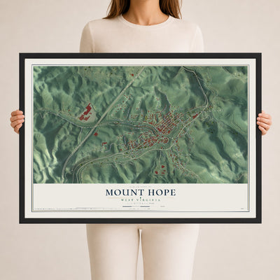 Map of Mount Hope, West Virginia, 24 x 36 inch print in a black wood frame