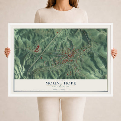 Map of Mount Hope, West Virginia, 24 x 36 inch print in a white wood frame