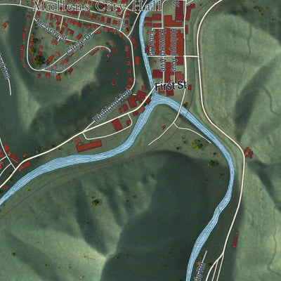 Close-up of the map of Mullens, West Virginia print showing street and building detail