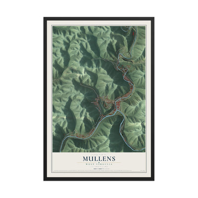 Map of Mullens, West Virginia, 12 x 18 inch print in a black wood frame