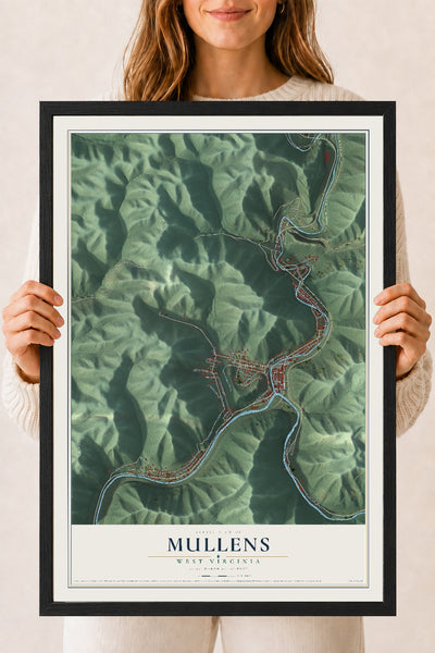 Map of Mullens, West Virginia, 18 x 24 inch print in a black wood frame