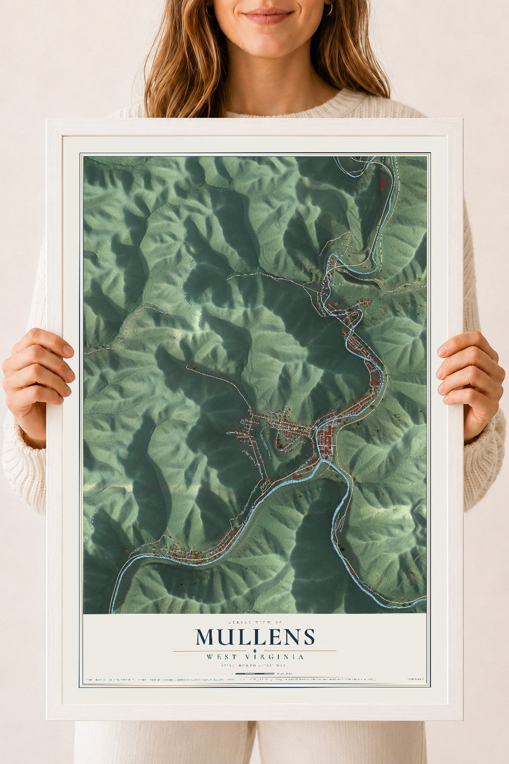 Map of Mullens, West Virginia, 18 x 24 inch print in a white wood frame