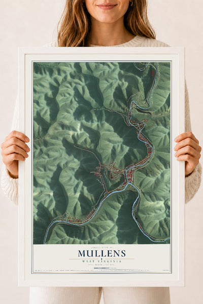 Map of Mullens, West Virginia, 18 x 24 inch print in a white wood frame