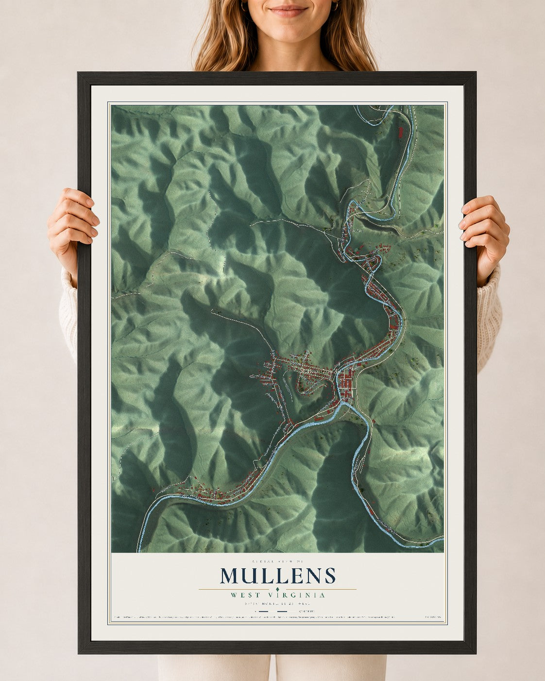 Map of Mullens, West Virginia, 24 x 36 inch print in a black wood frame