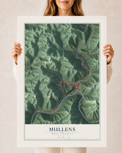 Map of Mullens, West Virginia, 24 x 36 inch print in a white wood frame