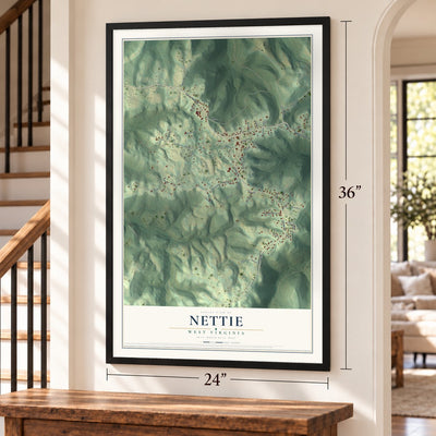 Nettie, West Virginia map, 24 x 36 inch print in a black frame by a staircase