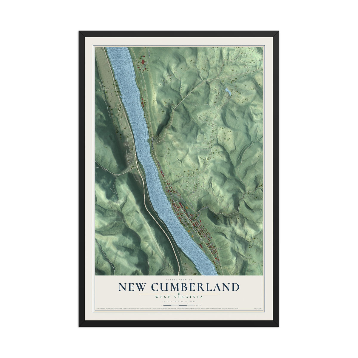 Map of New Cumberland, West Virginia, 12 x 18 inch print in a black wood frame