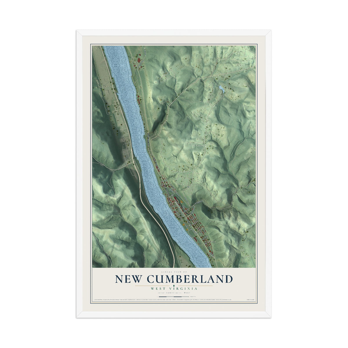 Map of New Cumberland, West Virginia, 12 x 18 inch print in a white wood frame