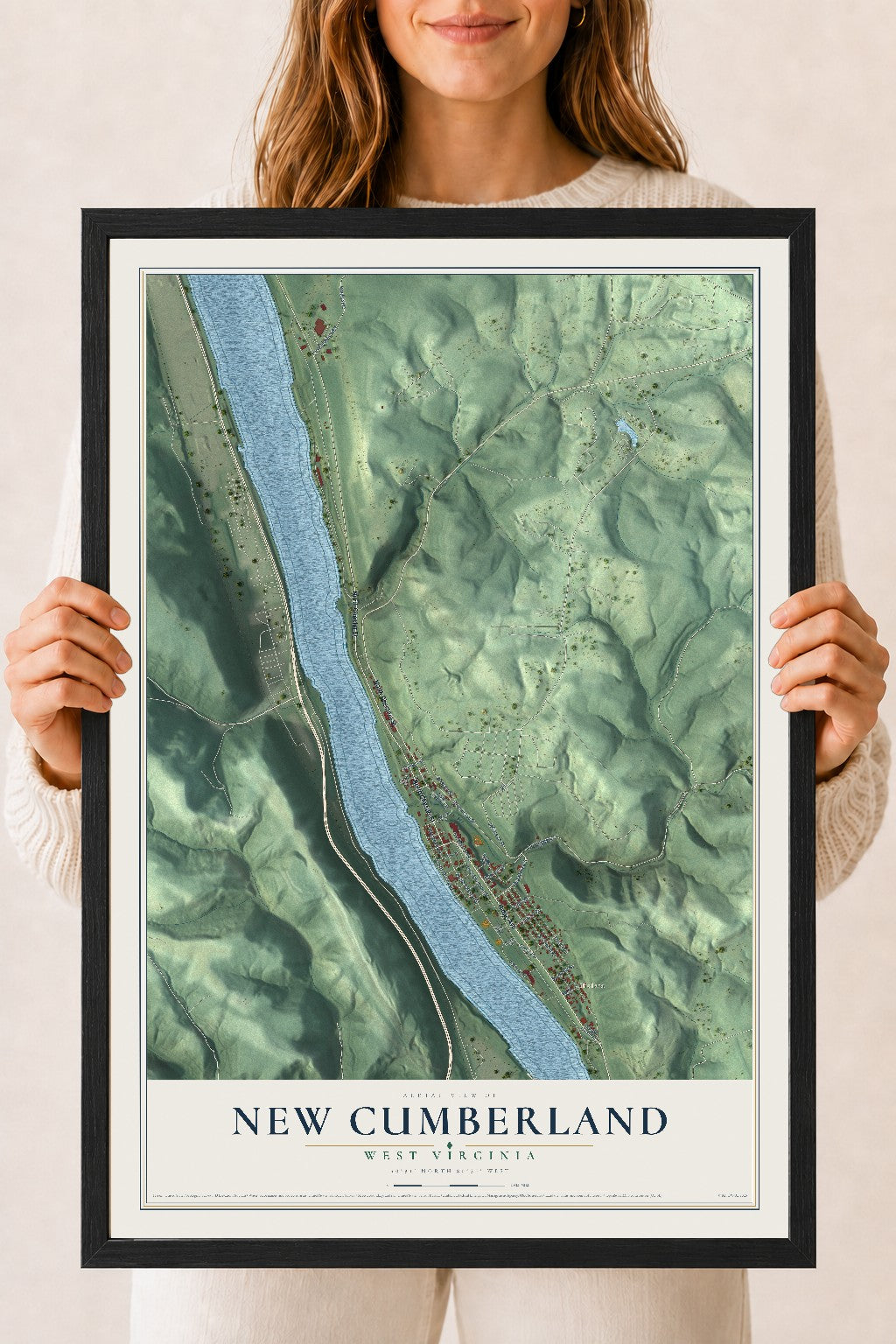 Map of New Cumberland, West Virginia, 18 x 24 inch print in a black wood frame