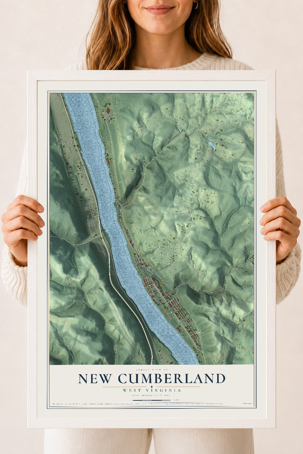 Map of New Cumberland, West Virginia, 18 x 24 inch print in a white wood frame