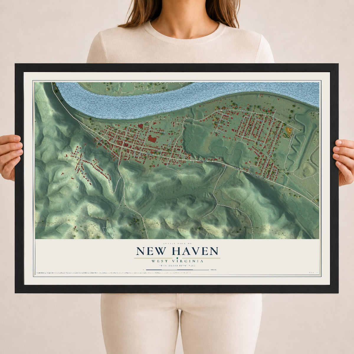Map of New Haven, West Virginia, 18 x 24 inch print in a black wood frame