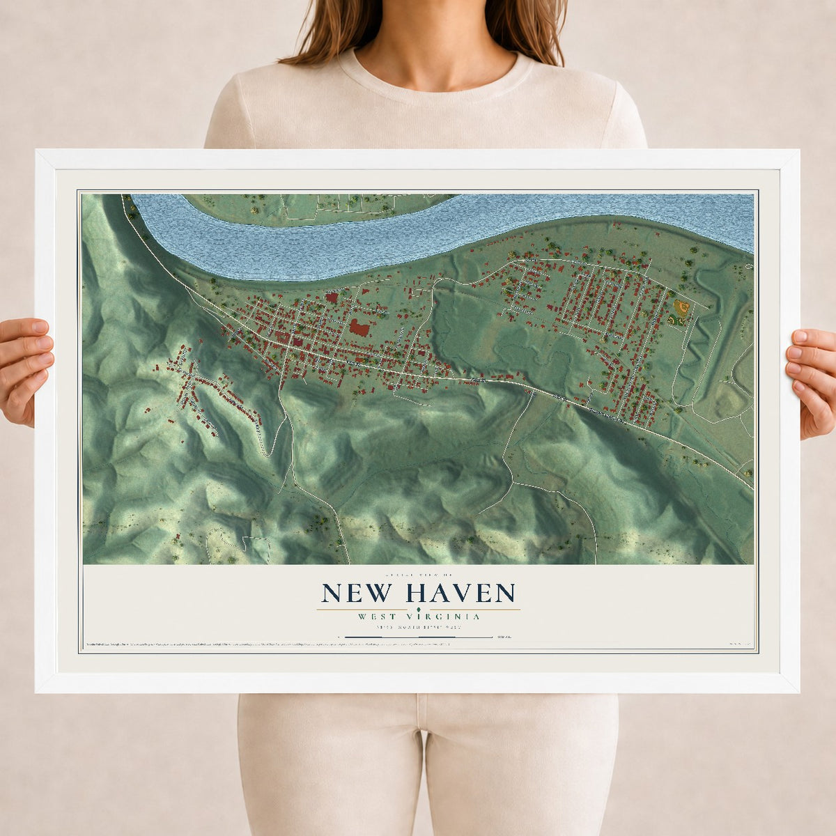 Map of New Haven, West Virginia, 18 x 24 inch print in a white wood frame