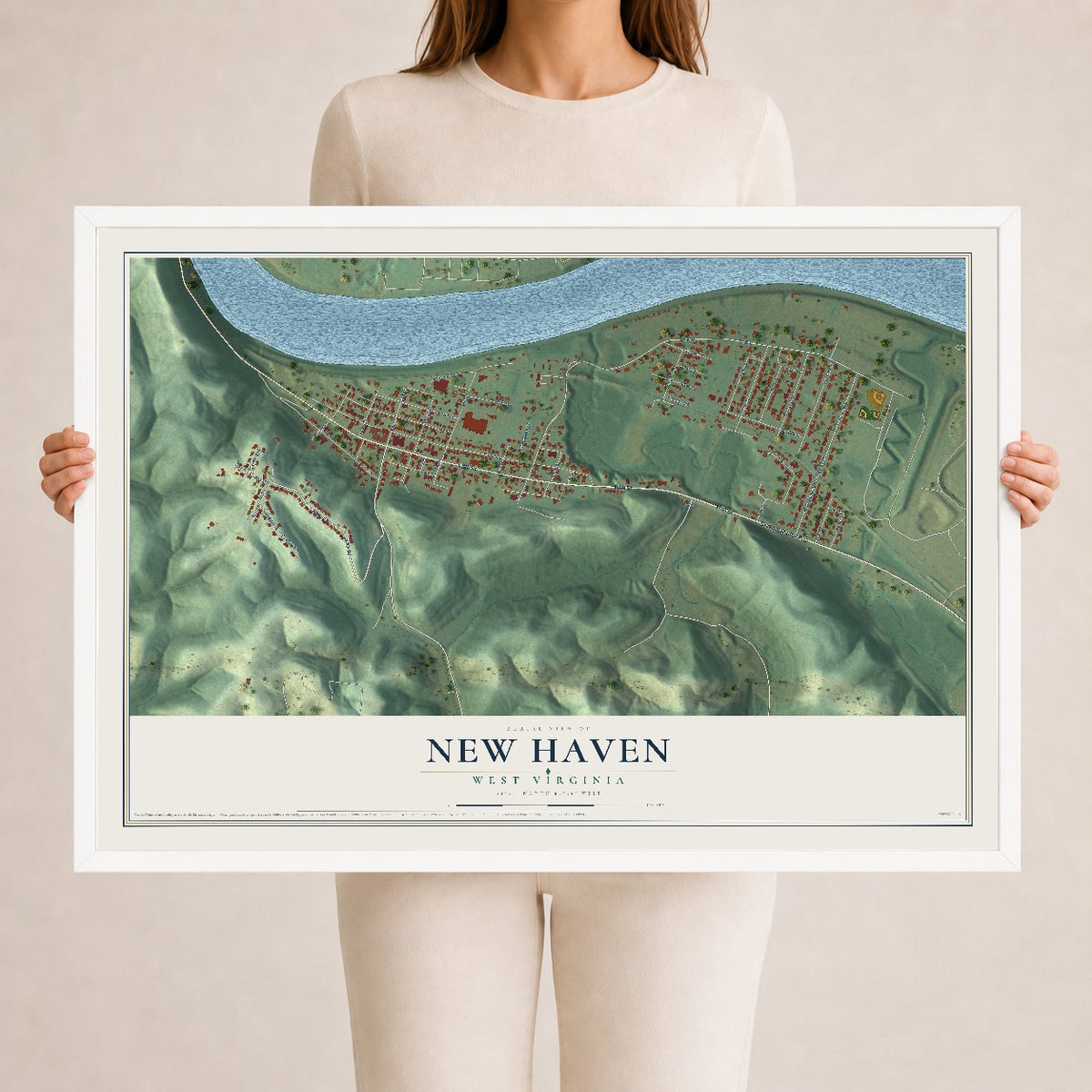 Map of New Haven, West Virginia, 24 x 36 inch print in a white wood frame