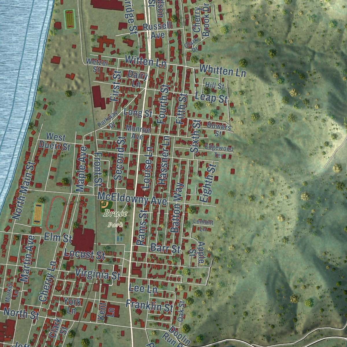 Close-up of the map of New Martinsville, West Virginia print showing street and building detail