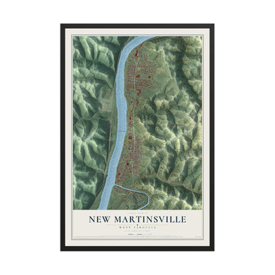 Map of New Martinsville, West Virginia, 12 x 18 inch print in a black wood frame