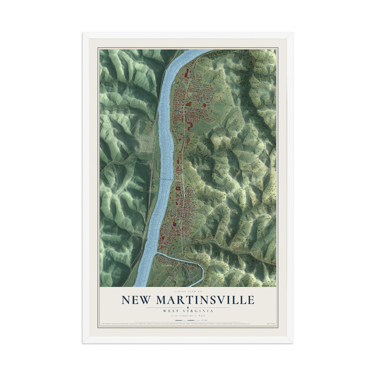 Map of New Martinsville, West Virginia, 12 x 18 inch print in a white wood frame