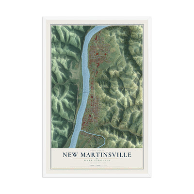 Map of New Martinsville, West Virginia, 12 x 18 inch print in a white wood frame
