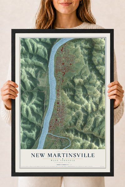 Map of New Martinsville, West Virginia, 18 x 24 inch print in a black wood frame