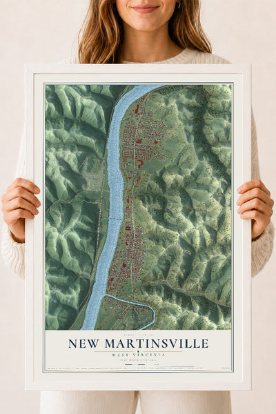 Map of New Martinsville, West Virginia, 18 x 24 inch print in a white wood frame