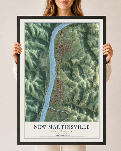 Map of New Martinsville, West Virginia, 24 x 36 inch print in a black wood frame