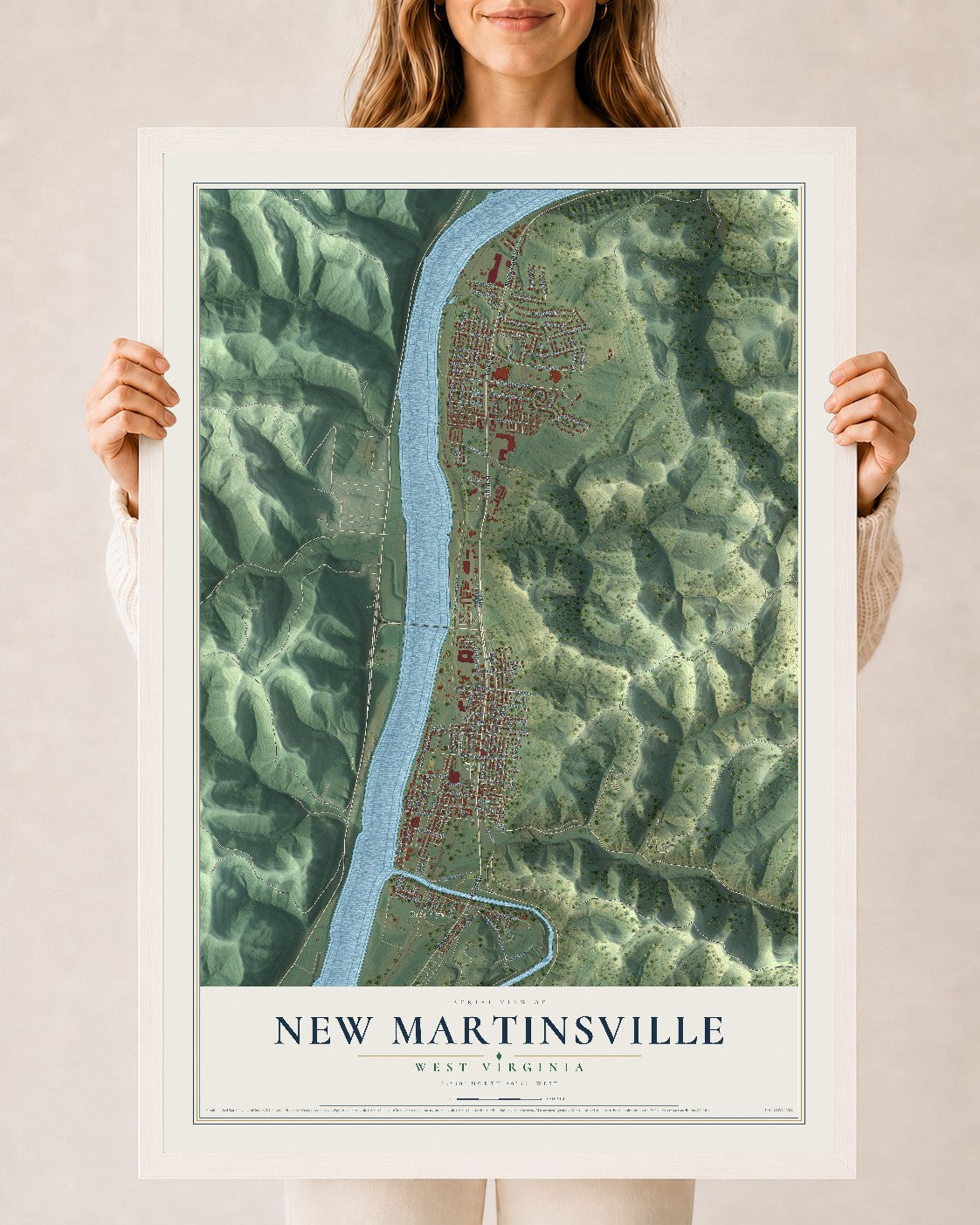Map of New Martinsville, West Virginia, 24 x 36 inch print in a white wood frame