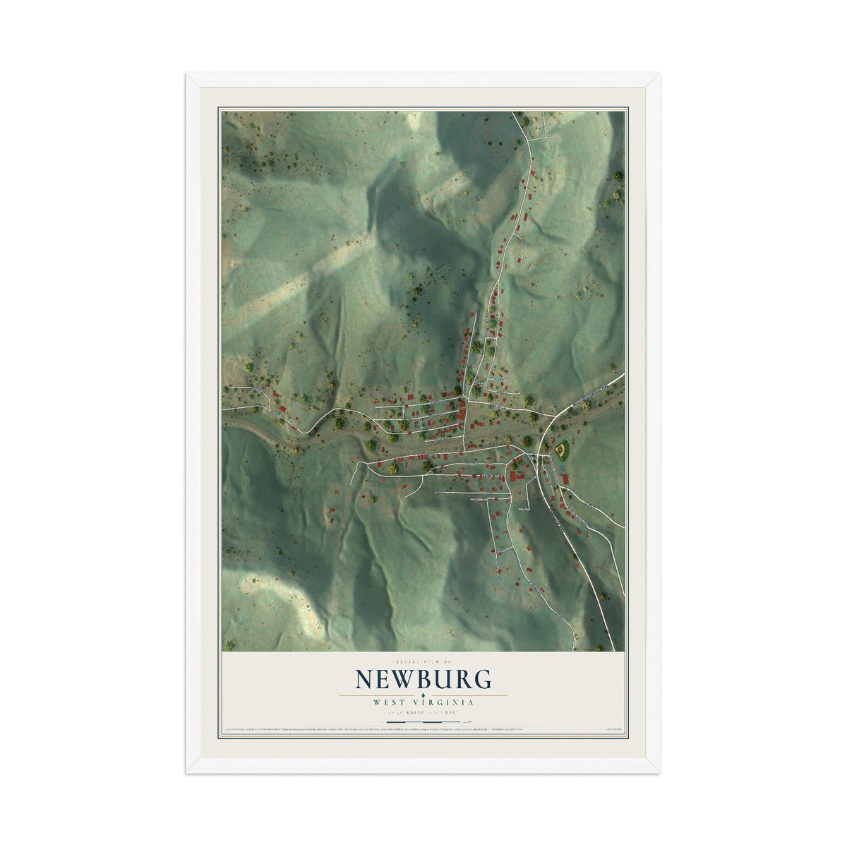 Map of Newburg, West Virginia, 12 x 18 inch print in a white wood frame