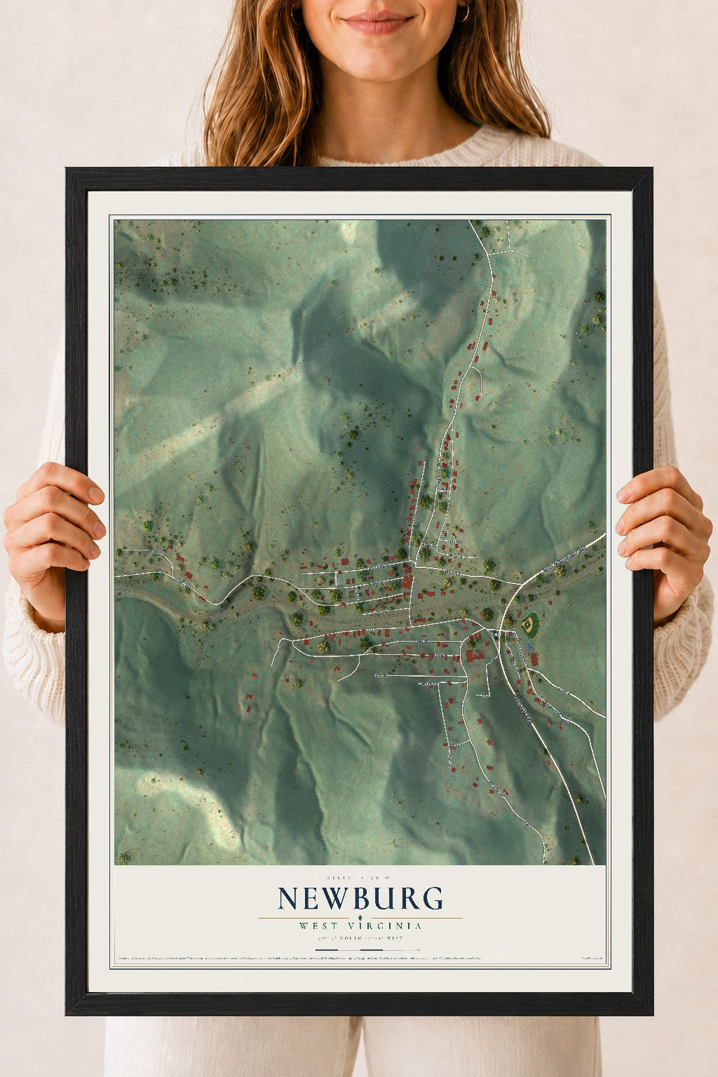 Map of Newburg, West Virginia, 18 x 24 inch print in a black wood frame