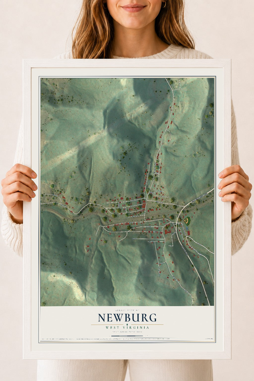 Map of Newburg, West Virginia, 18 x 24 inch print in a white wood frame