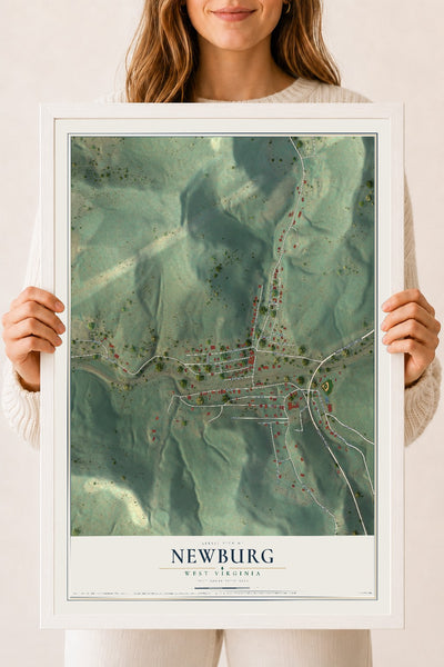 Map of Newburg, West Virginia, 18 x 24 inch print in a white wood frame