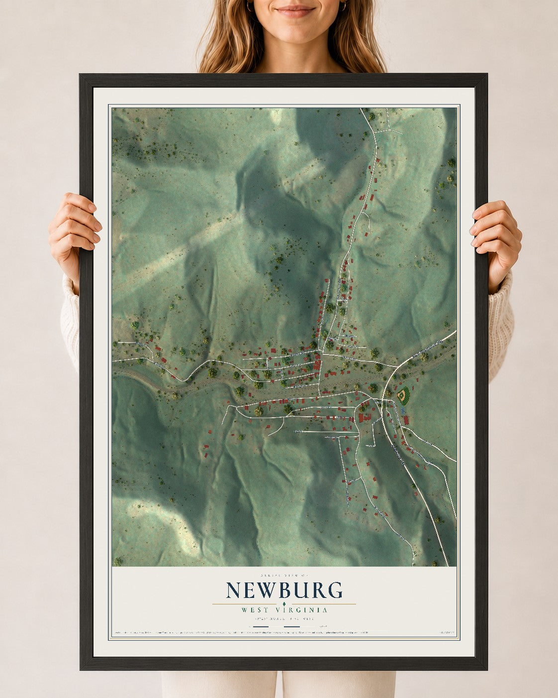 Map of Newburg, West Virginia, 24 x 36 inch print in a black wood frame