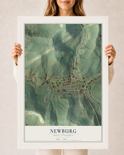 Map of Newburg, West Virginia, 24 x 36 inch print in a white wood frame