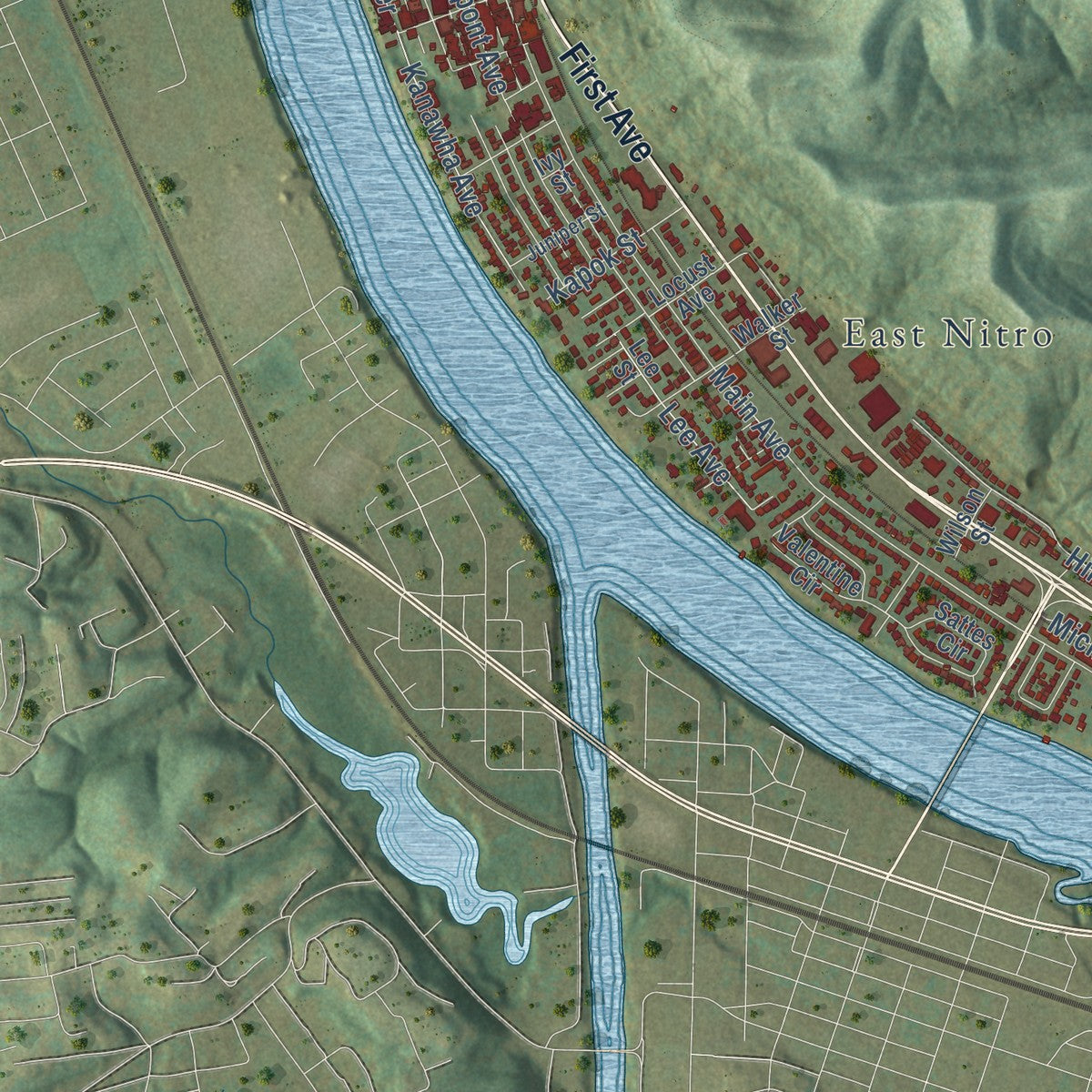 Close-up of the map of Nitro, West Virginia print showing street and building detail