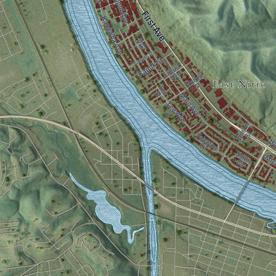 Close-up of the map of Nitro, West Virginia print showing street and building detail