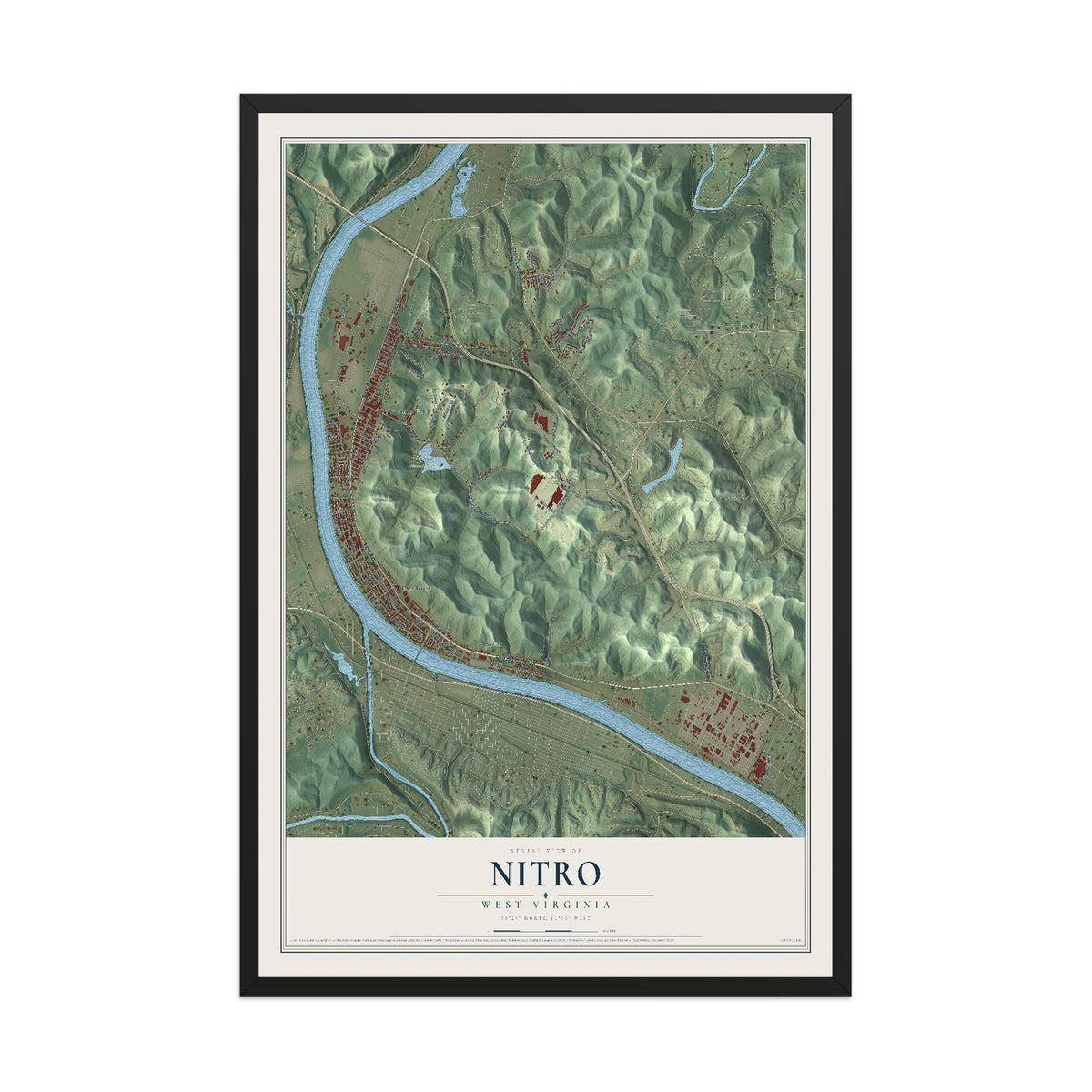 Map of Nitro, West Virginia, 12 x 18 inch print in a black wood frame