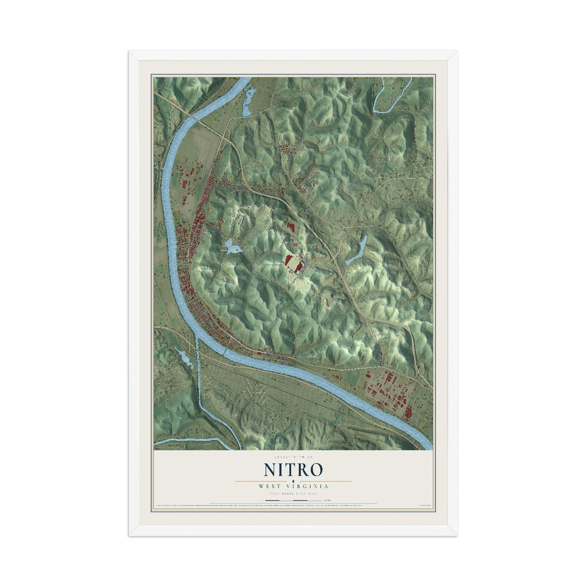 Map of Nitro, West Virginia, 12 x 18 inch print in a white wood frame