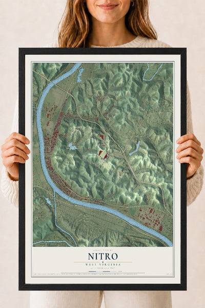 Map of Nitro, West Virginia, 18 x 24 inch print in a black wood frame