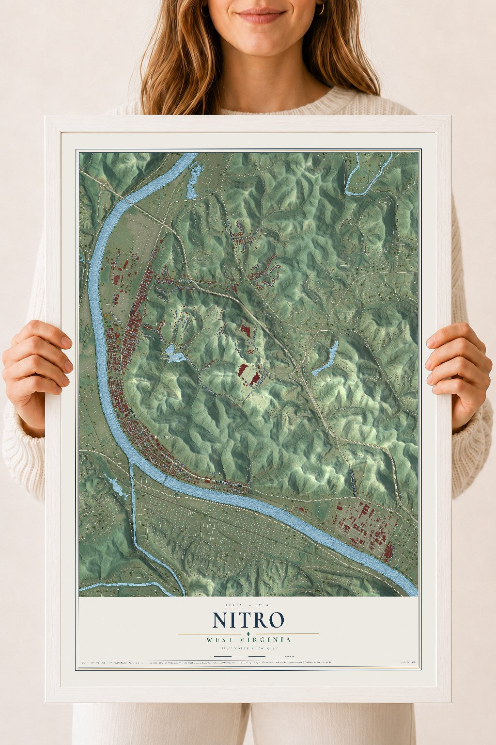 Map of Nitro, West Virginia, 18 x 24 inch print in a white wood frame
