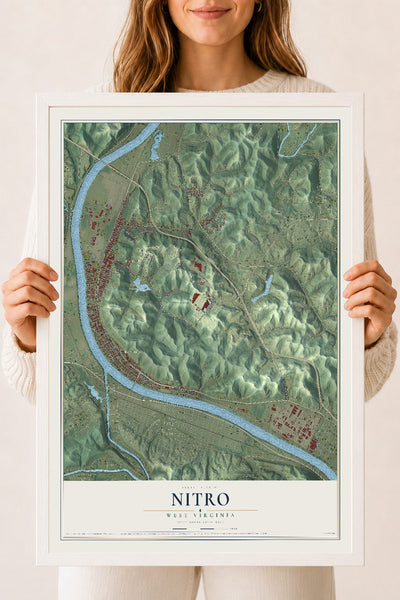 Map of Nitro, West Virginia, 18 x 24 inch print in a white wood frame