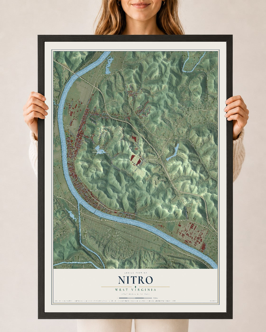 Map of Nitro, West Virginia, 24 x 36 inch print in a black wood frame