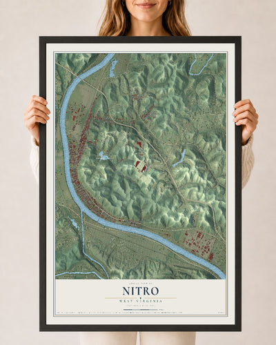 Map of Nitro, West Virginia, 24 x 36 inch print in a black wood frame