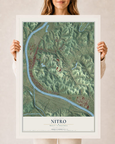 Map of Nitro, West Virginia, 24 x 36 inch print in a white wood frame