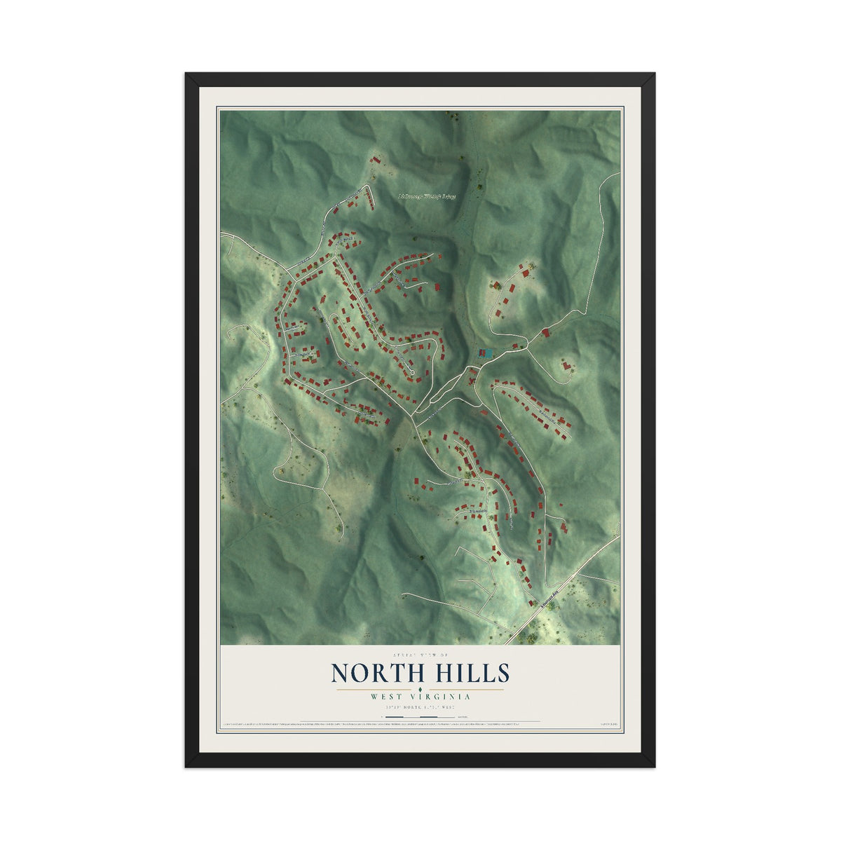 Map of North Hills, West Virginia, 12 x 18 inch print in a black wood frame