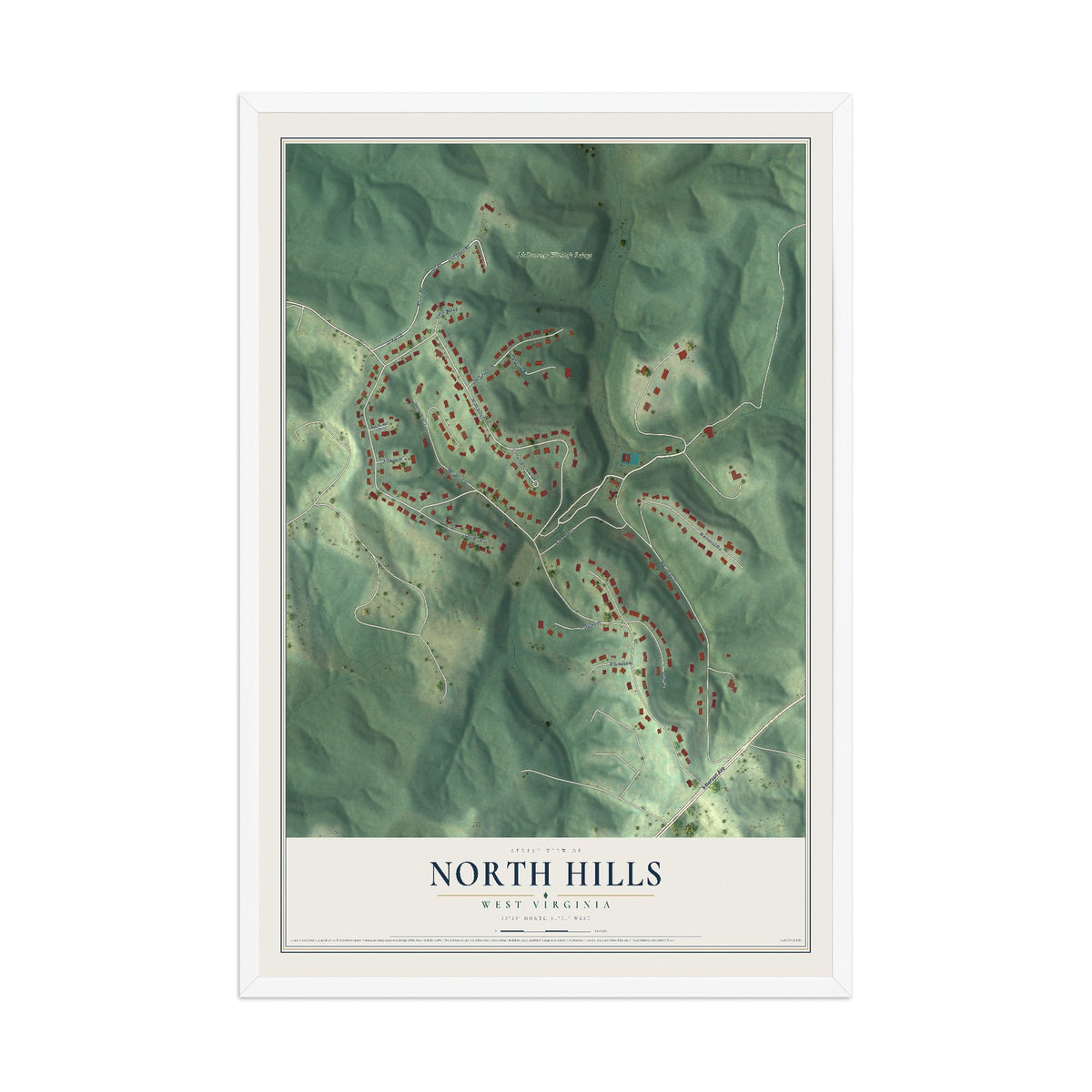 Map of North Hills, West Virginia, 12 x 18 inch print in a white wood frame