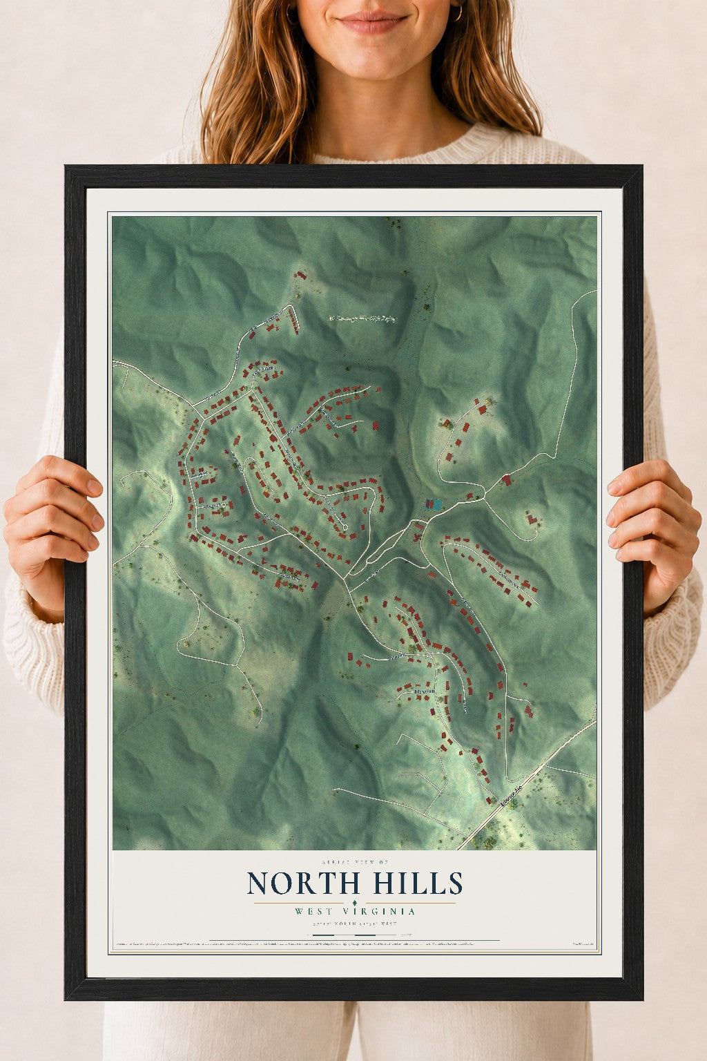Map of North Hills, West Virginia, 18 x 24 inch print in a black wood frame
