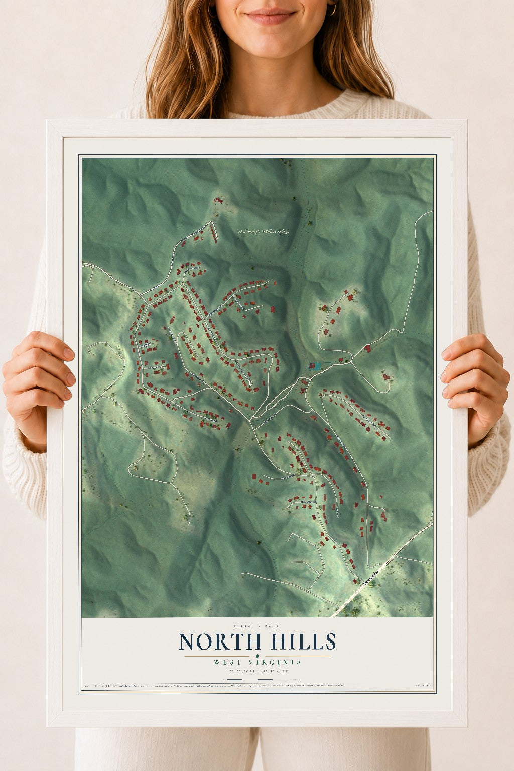 Map of North Hills, West Virginia, 18 x 24 inch print in a white wood frame