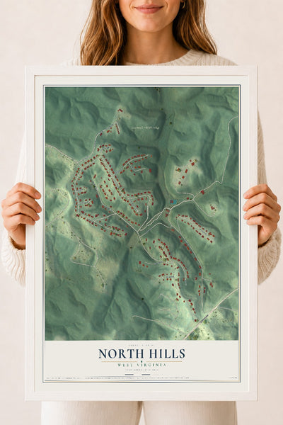Map of North Hills, West Virginia, 18 x 24 inch print in a white wood frame